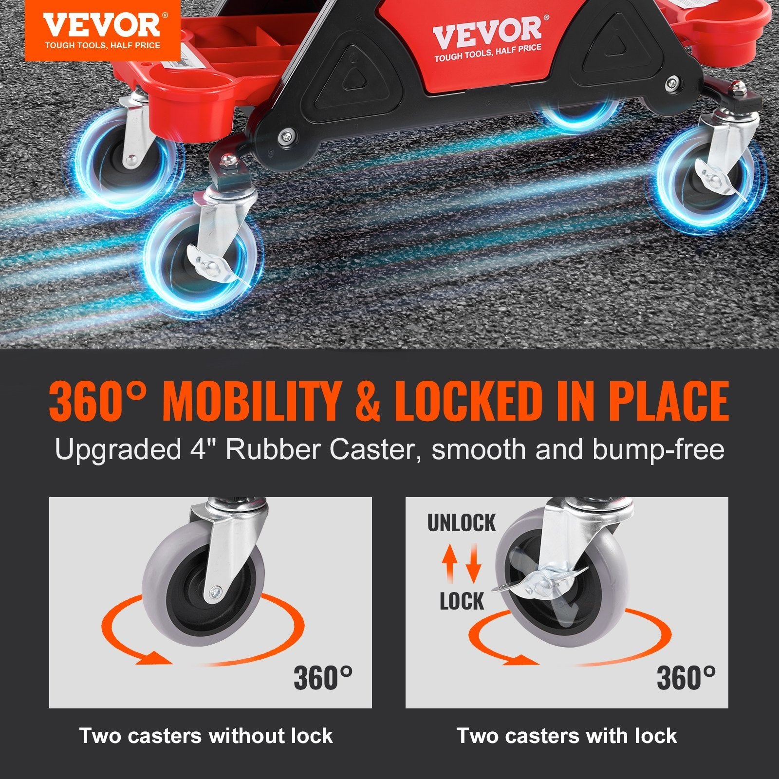 VEVOR Mechanics Stool, 300 LBS Capacity Rolling Mechanic Seat with 4" Wheels, with Three Slide Out Tool Trays and Drawer, Heavy Duty Roller Creeper Seat for Home Garage DIY Automotive Doba